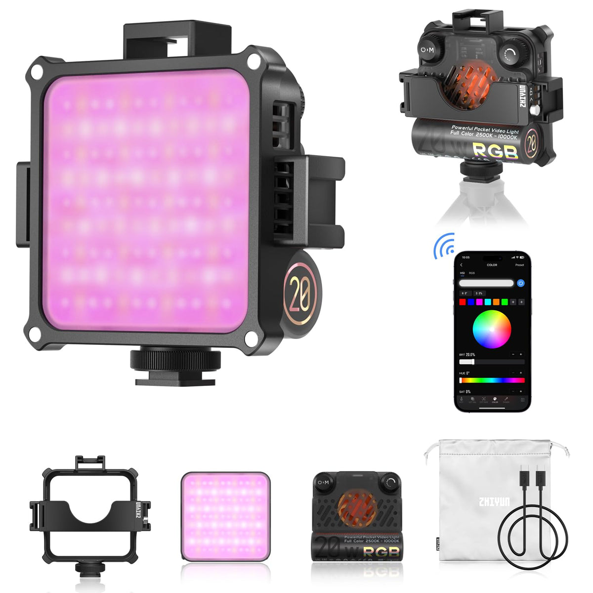 Zhiyun Fiveray M20C Rgb Video Light, 20W Portable Camera Light, Hsi Mode, Tlci 96+, Temperature 2500K-10000K With 9 Light Effect