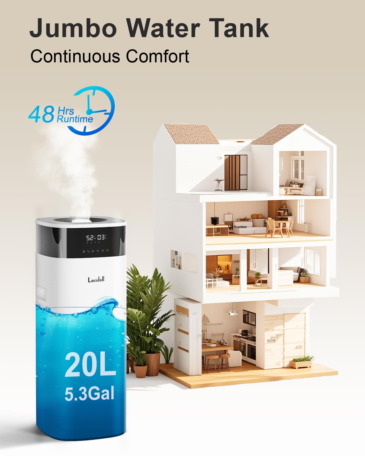 Lacidoll Humidifier Large Room 5.3Gal/20L - Cool And Warm Mist Humidifiers For Home 3000 Sq Ft, Air Humidifiers For Bedroom With