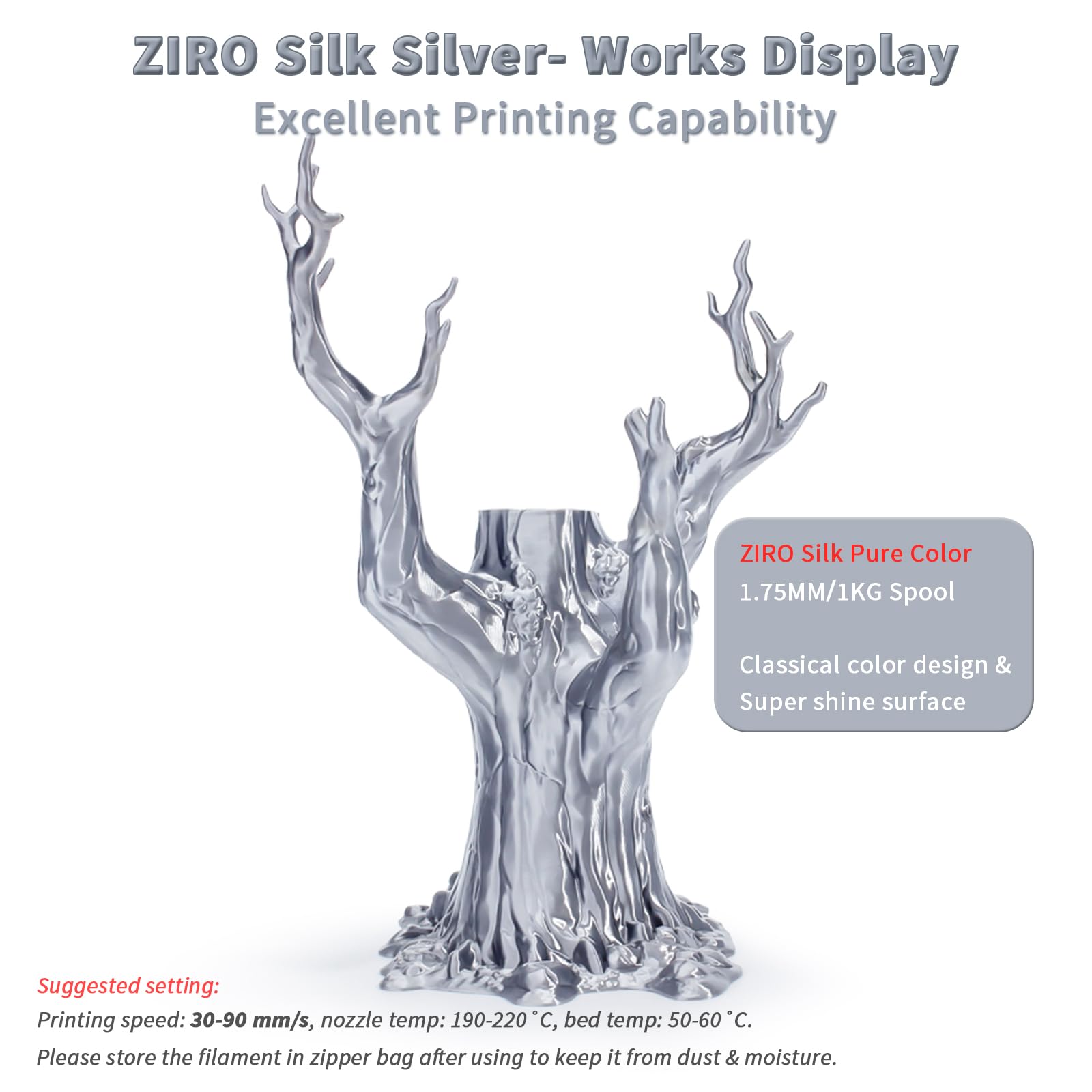 Ziro Pla 3D Printer Filament, Silky Silver Pla Filament 1.75Mm 1Kg/2.2Lbs Spool, Shiny Shine 3D Printing Material, Metal Metalli