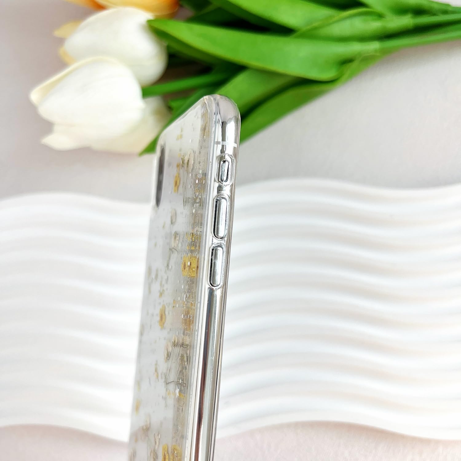 Lseeka For Iphone X/Iphone Xs Clear Case With Pressed Real Flowers Design,Glitter Cute Yellow Floral Pattern Slim Soft Tpu Prote