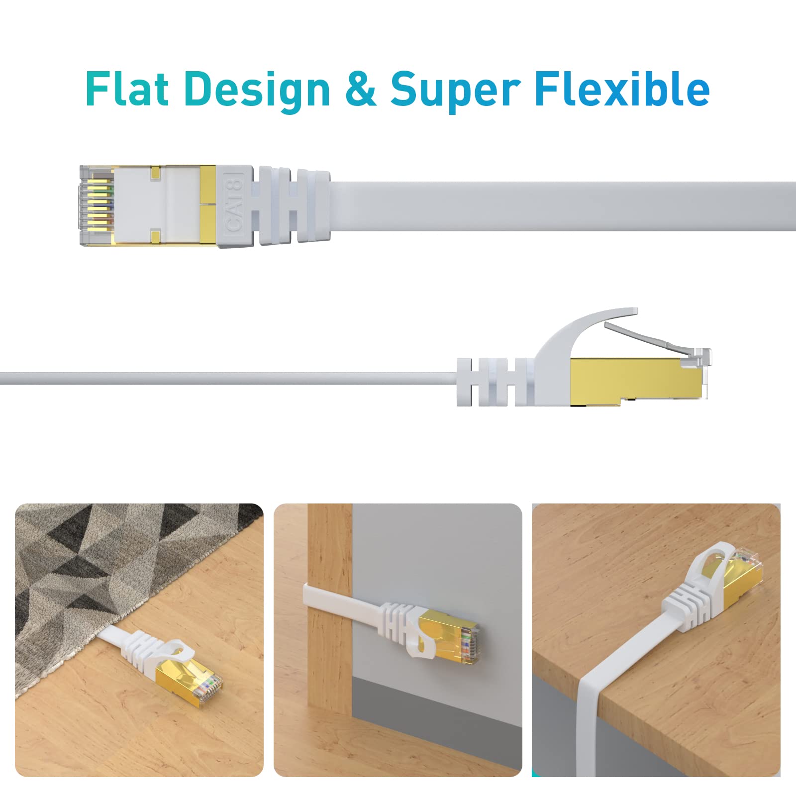 Busohe Cat 8 Ethernet Cable 50 Ft, 40Gbps 2000Mhz High Speed Flat Cat8 Cable Patch Cord With Gold-Plated Rj45 Connector, Lan Net
