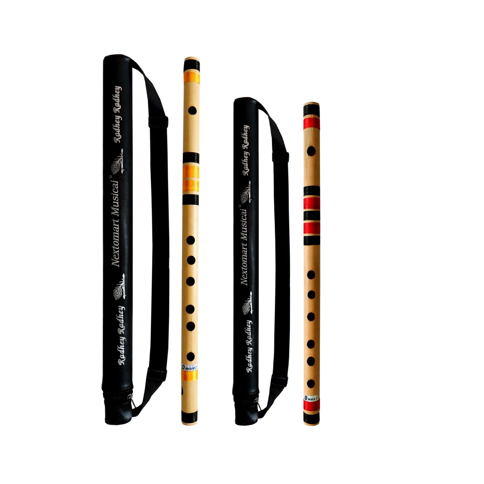 Nextomart Musical Combo Flutes D Natural 7 Hole (18 Inch) & D Sharp 6 Hole (16 Inch) Bamboo Flute Bansuri With Flute Carry Bag F