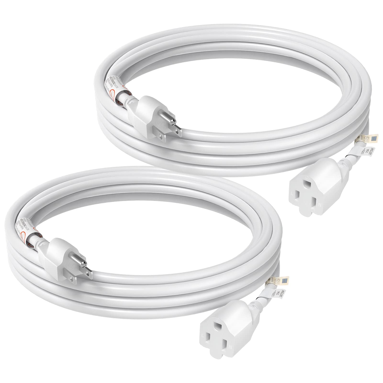 Firmerst 15 Amp 10 Feet 3 Prong Extension Cord 14 Gauge 1875W White, 2 Pack