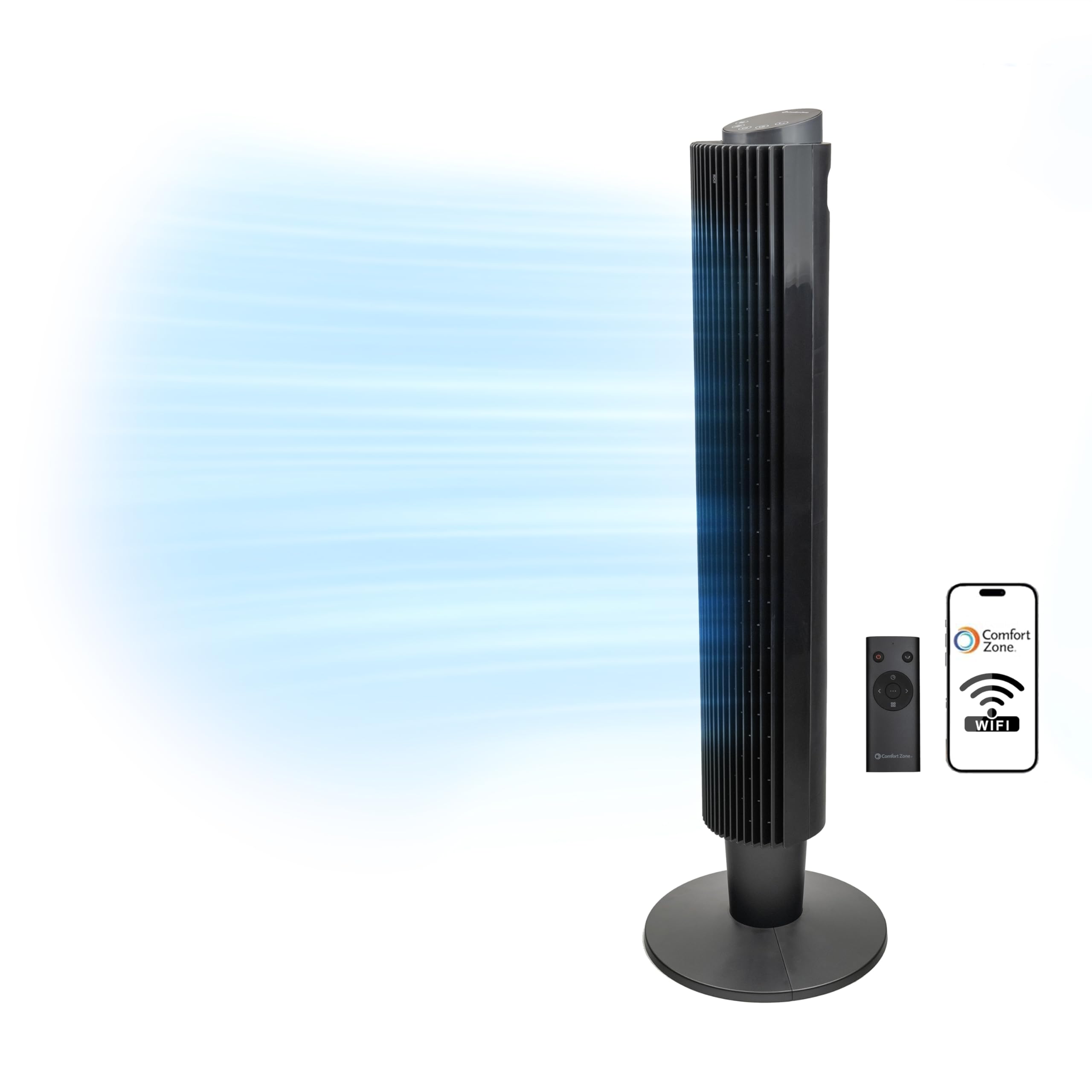 Comfort Zone Tower Fan for Bedroom, 42 inch, 5 Speeds, 3 Modes, Oscillating Stand Fan with Remote, 12H Timer, Adjustable Base 36
