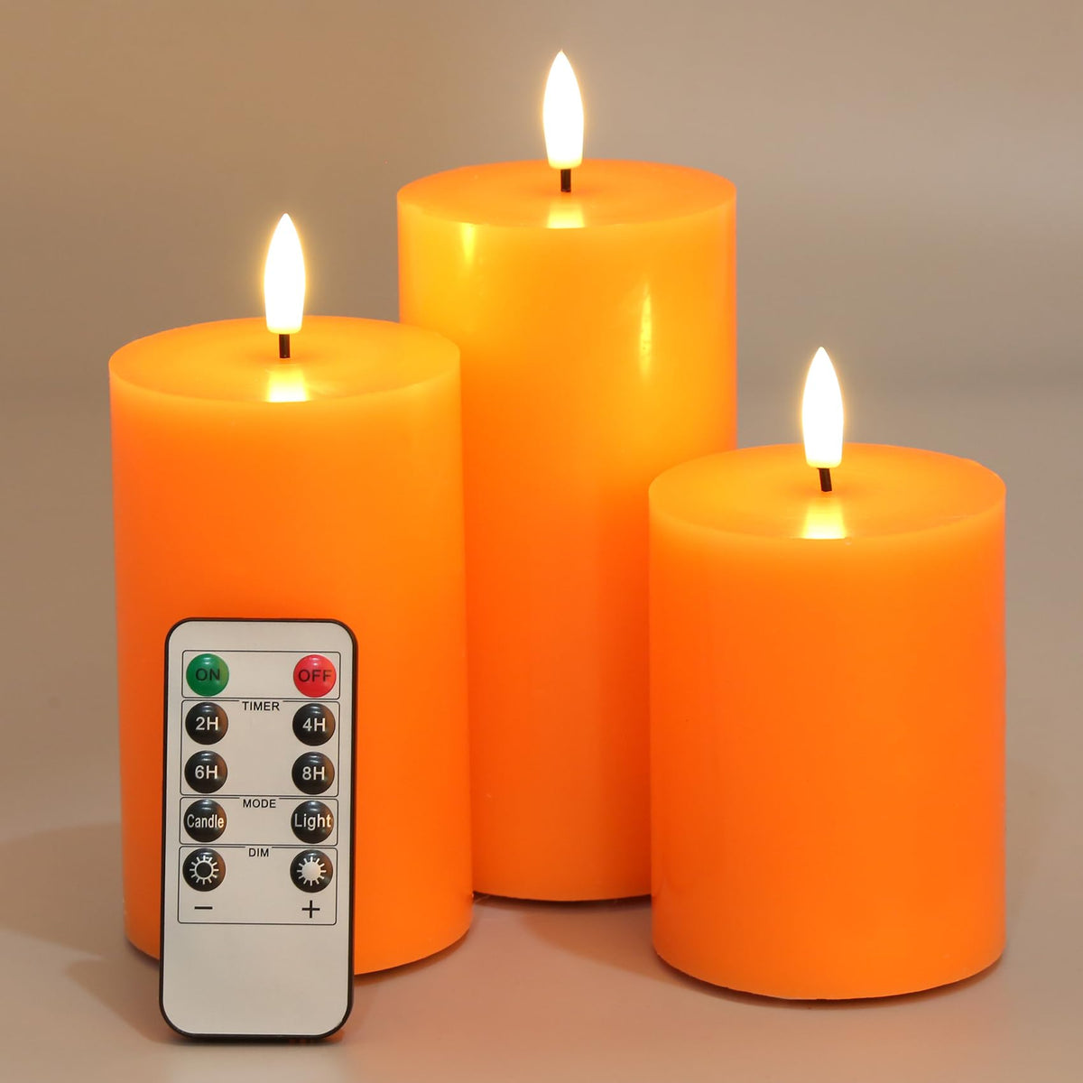 Eywamage Orange Flameless Pillar Candles With Remote, Flickering Real Wax Led Battery Candles Set Of 3