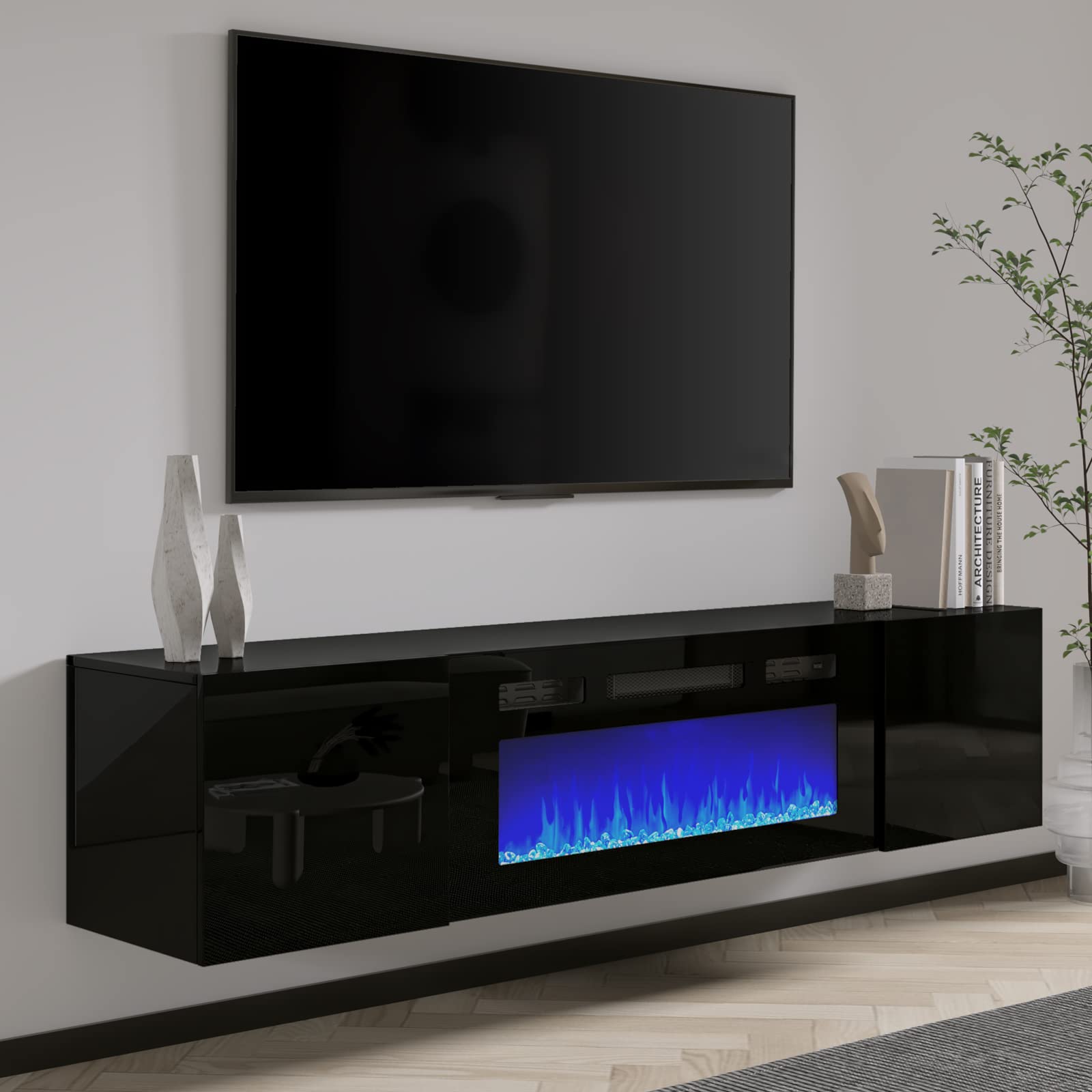 Amerlife Floating Tv Stand With 36'' Electric Fireplace, High Gloss Finish Wall Mounted Fireplace Entertainment Center With Stor