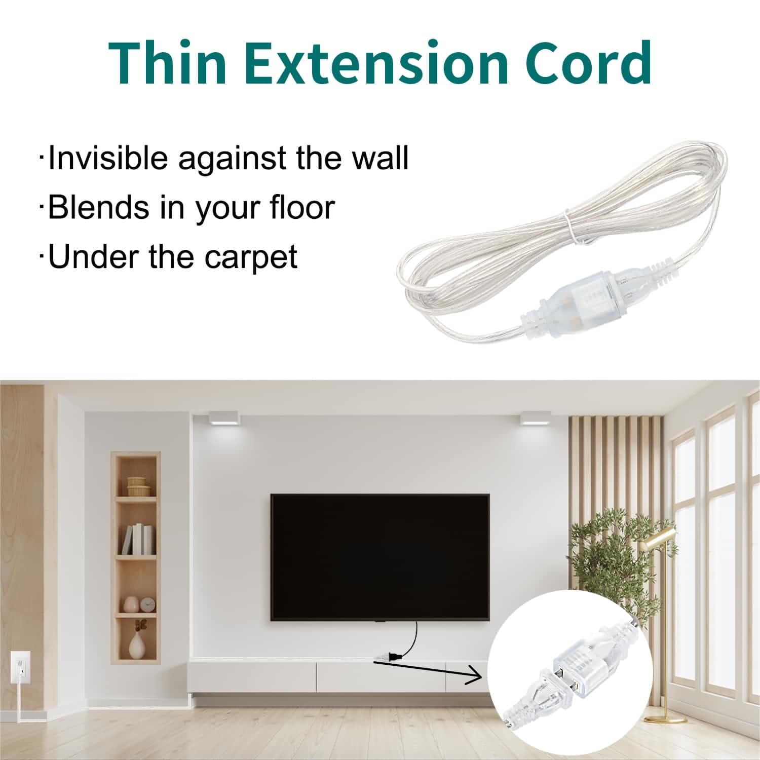 Haultop 15 Ft Clear Extension Cord Indoor Thin, 2 Pack Clear Extension Cord With Ul Certified, 2 Prong Indoor Cord Extension, Ex