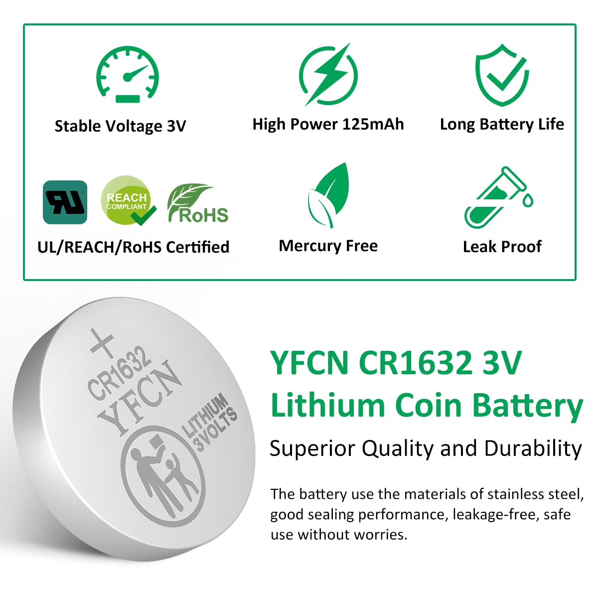 Yfcn Cr1632 Battery 3V Lithium Battery 10 Count Pack Cr1632 Batteries For Car Key Fob, Keyless Remote, Sensors - Cr 1632 Coin Ce