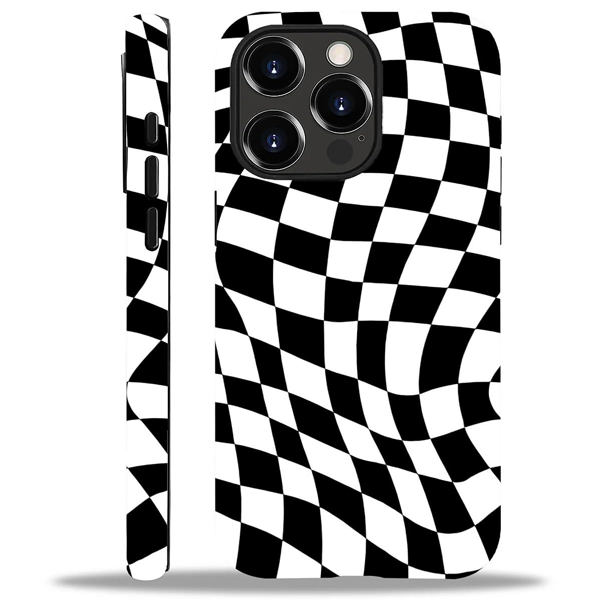 WANKBLC Compatible with iPhone 15 Pro Matte Case, Twisted Black White Checkered Pattern for Girl Full Body Design Soft Silicone 