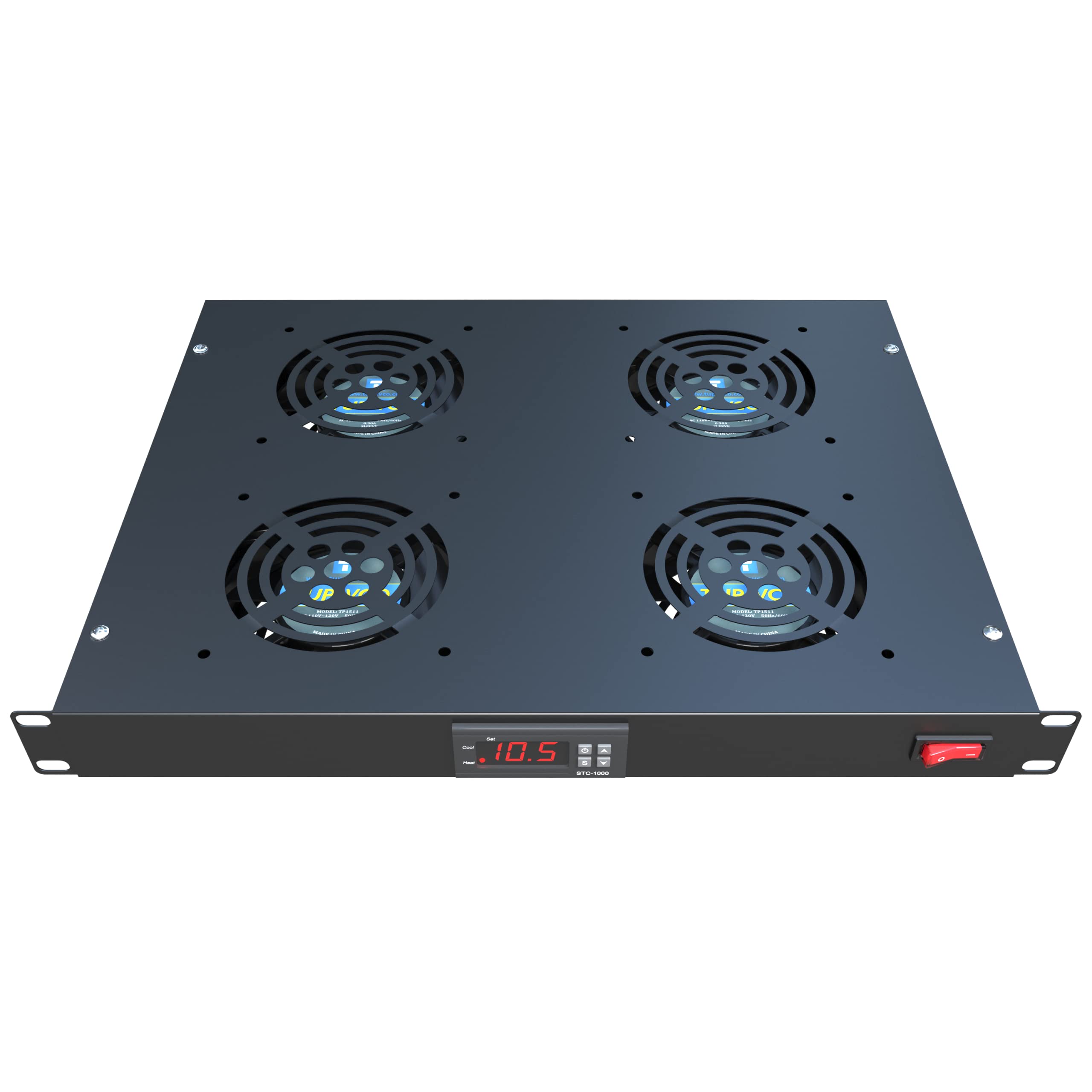 Rack Mount Fan - 4 Fans Server Cooling System - 1U 19 Rackmount Cabinet Panel w/Adjustable Temperature Control (Heat Monitor - D
