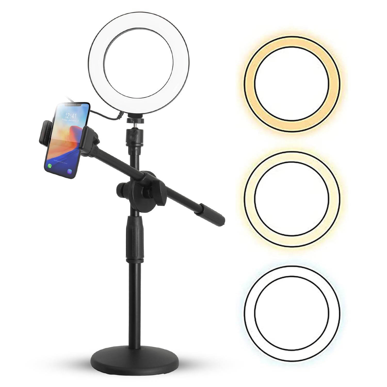 6'' Ring Light Overhead Phone Mount Led Circle Lights 360    Adjustable Shooting Arm Dimmable For Video Recording, Live Streamin