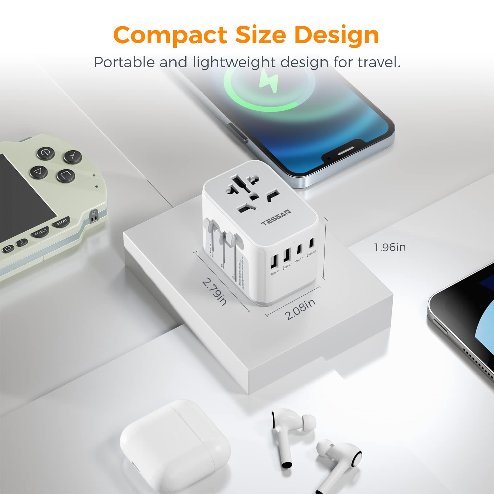 Tessan Universal Travel Adapter, International Plug Adaptor With 2 Usb C Wall Charger 2 Usb A Ports, Worldwide Power Outlet Trav