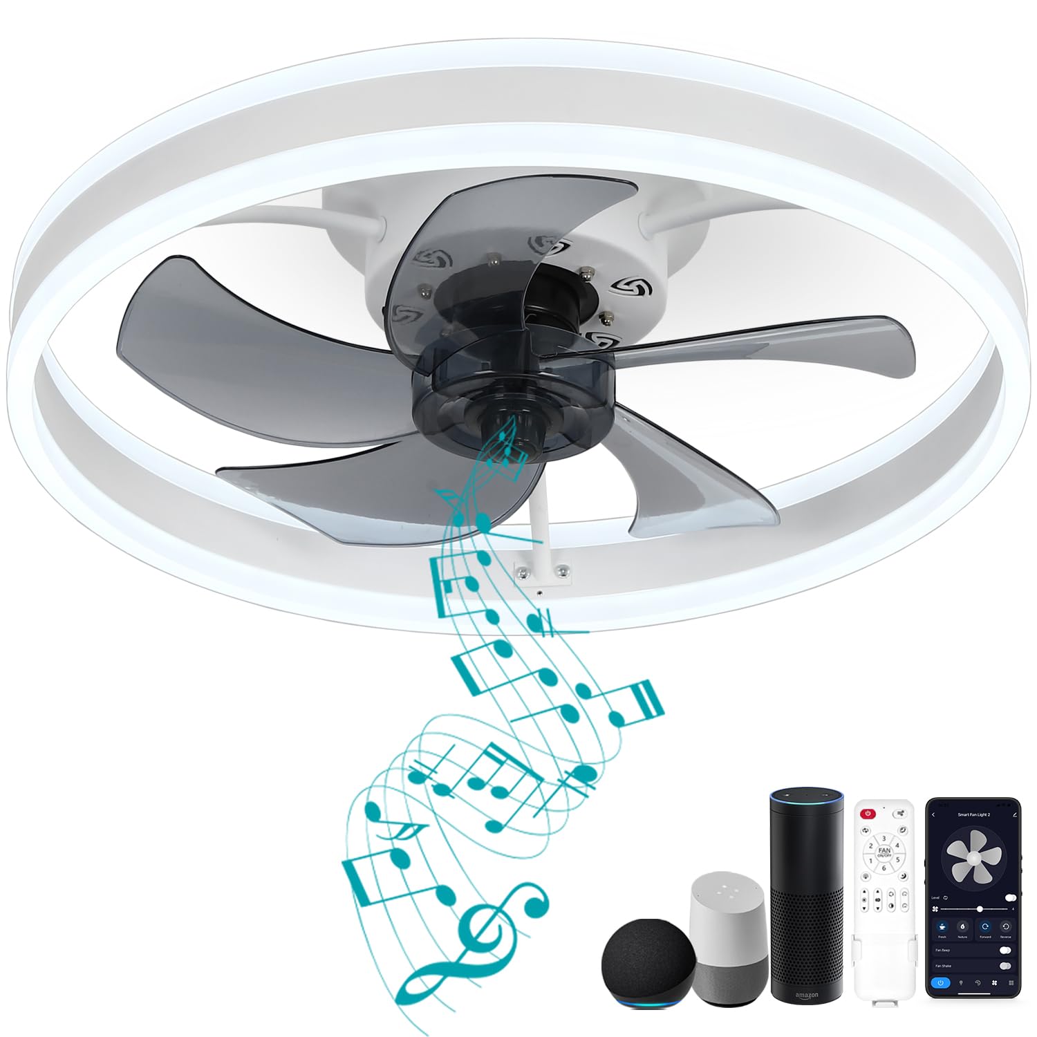 DewShrimp Low Profile Ceiling Fan, Bladeless Ceiling Fan with Speaker, 19.8 Smart Ceiling Fan Compatible with Alexa/Google Assis