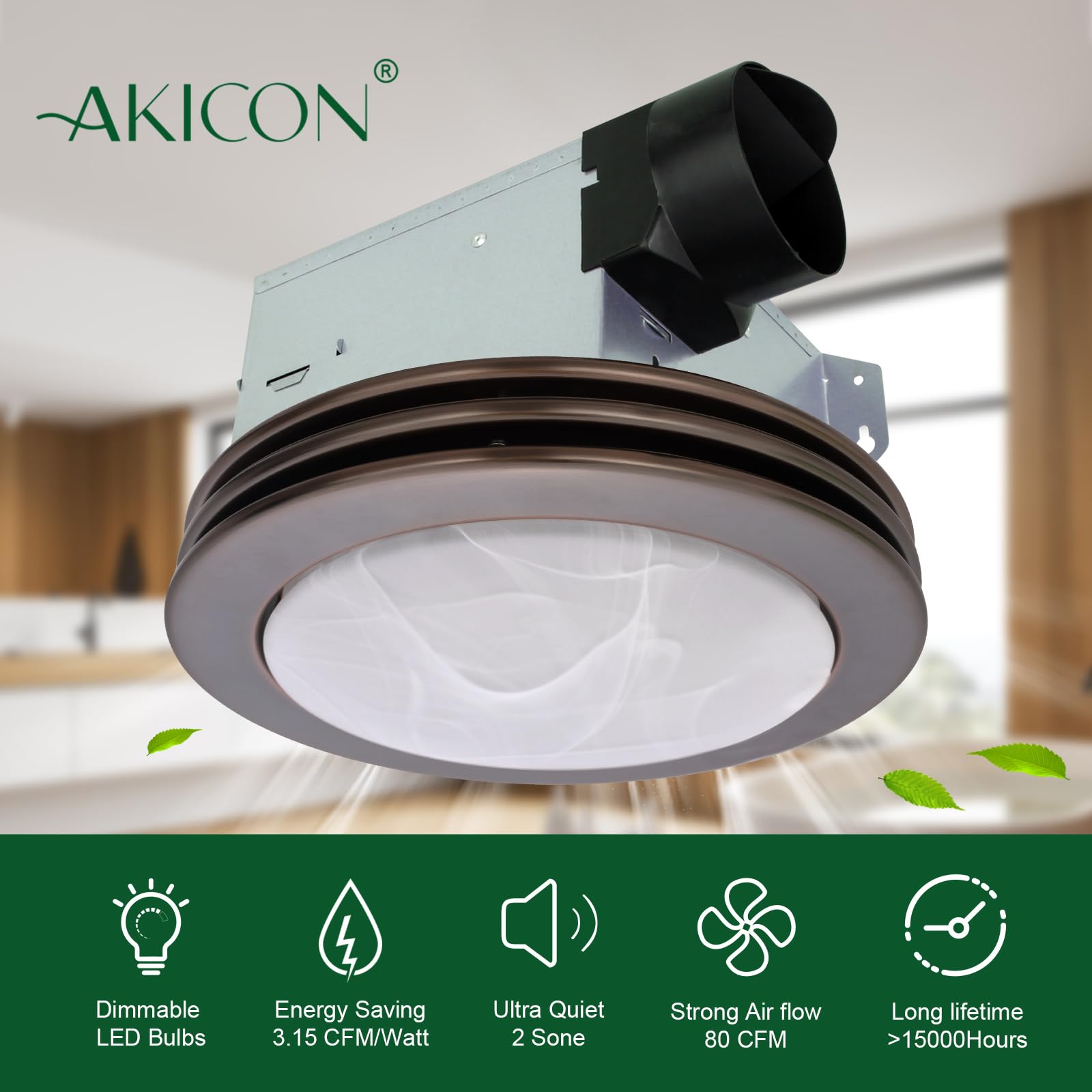 Akicon Ultra Quiet Bathroom Exhaust Fan With Led Light 80Cfm 2.0 Sones Round Bathroom Ventilation Fan With Frosted Glass Cover (