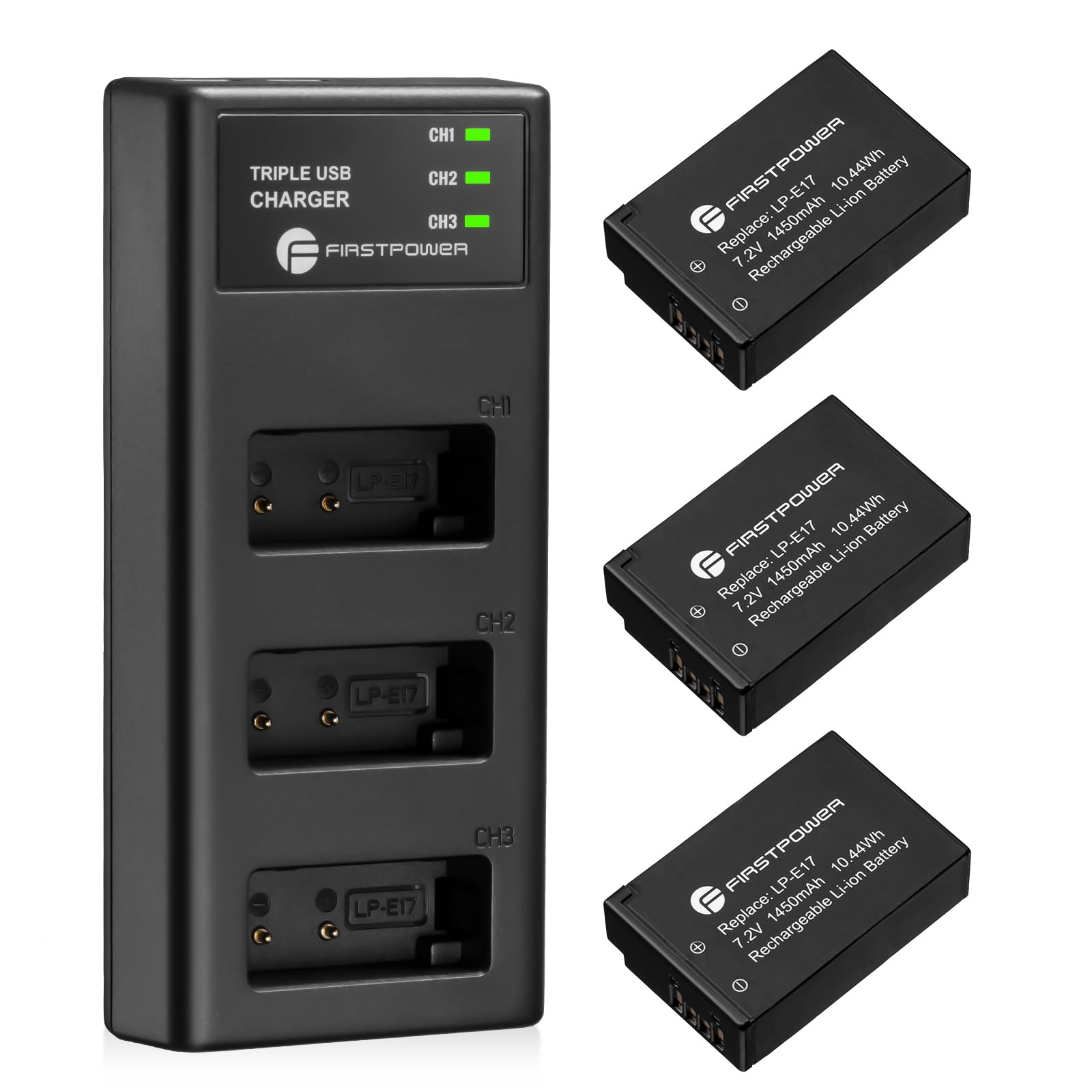 Firstpower Lp E17 Battery 3 Pack And Triple Slot Charger For Canon Eos Rp, R10, R8, R50, Rebel T8I, T7I, T6I, T6S, Sl2, Sl3, Eos