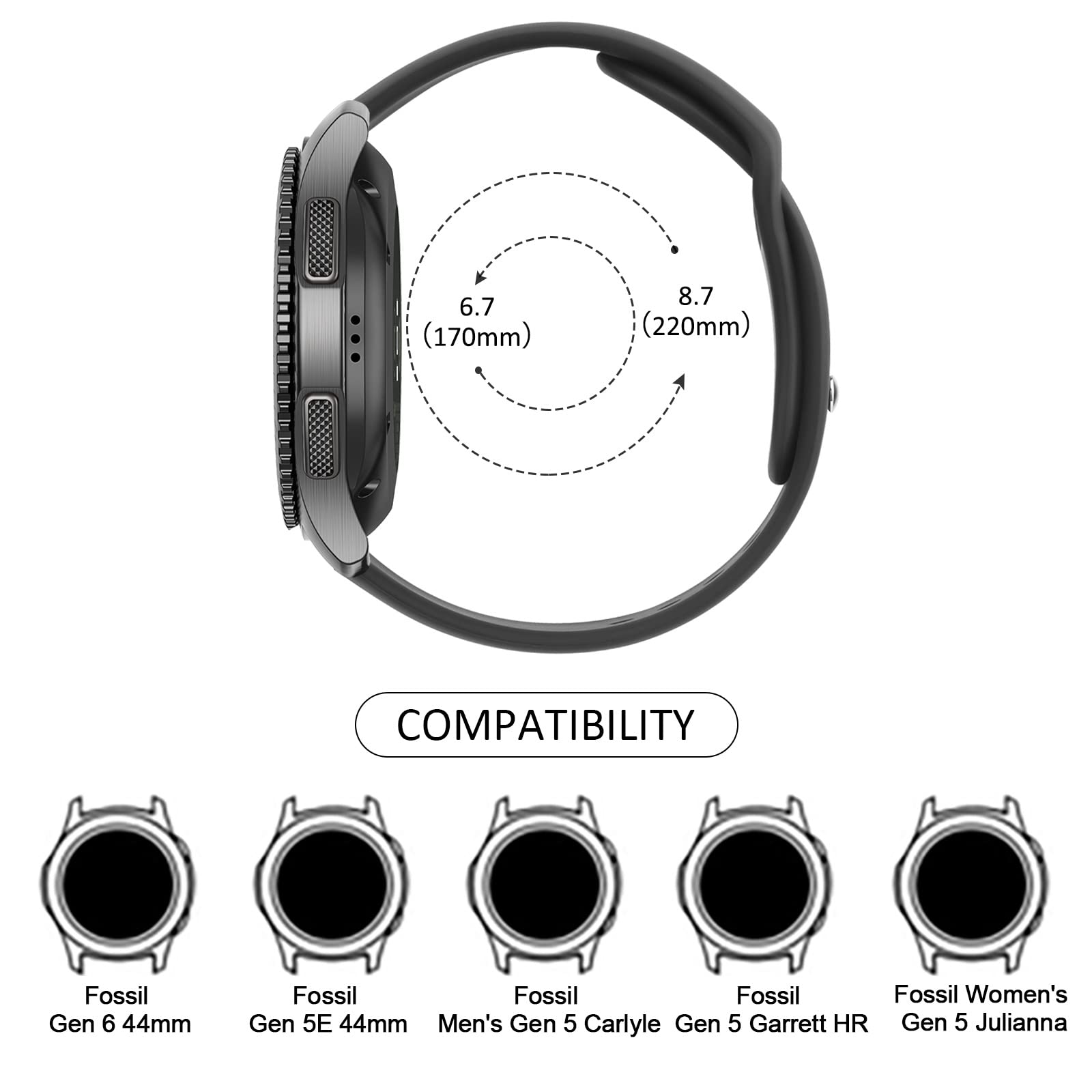 Silicone Band For Fossil Men 'S Gen 6/5E 44Mm/Gen 5 Carlyle/Garrett/Women 'S Julianna Smart Watch, 22Mm Adjustable Soft Silicone