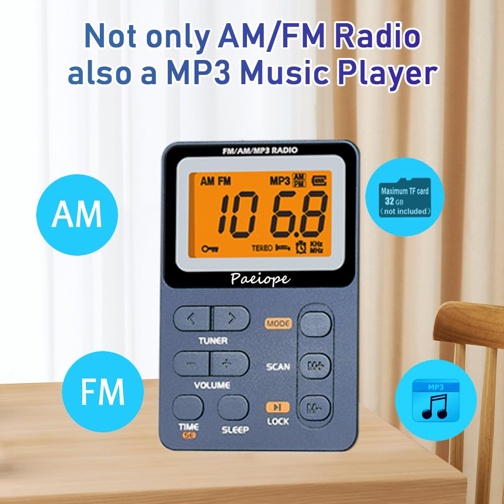 Paeiope Portable Radio Am Fm, Rechargeable Pocket Walkman With Best Reception Digital Tuning, Mp3, Stereo Earphone, Large Lcd Sc
