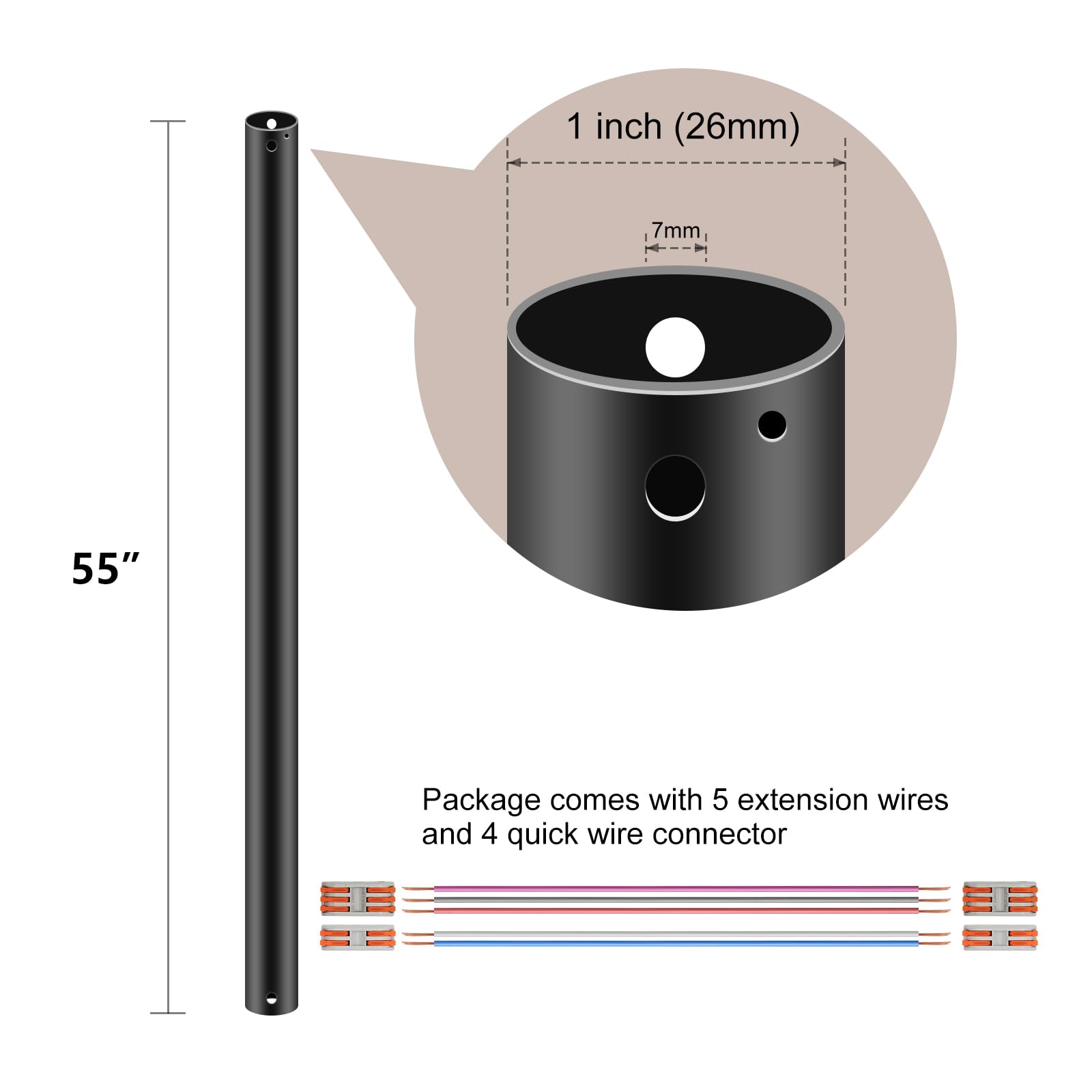 Fxzz 55'' Ceiling Fan Downrod, ?1'' Outside Diameter?Matte Black Extension Downrod Including 5 Extension Wires And 4 Wiring Clip