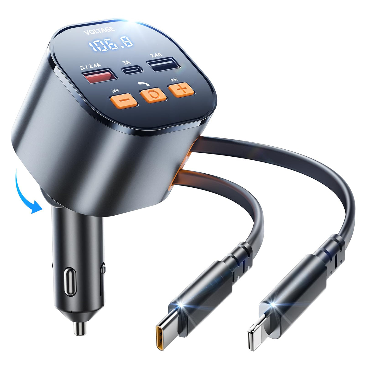 Superone Bluetooth 5.3 Car Adapter With Retractable Charger Pd 30W, Fm Transmitter Radio Receiver, Handsfree Calling & Audio Receiver, Mp3 Music Player, Led Display Hands Free Calling Support Usb