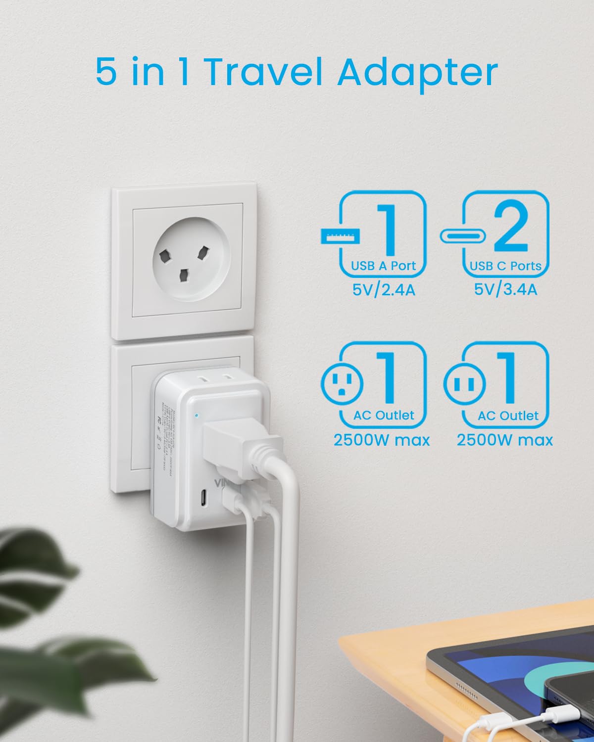 2 Pack Israel Power Adapter, Vintar Israel Plug Adapter With 3 Usb Ports(2 Usb C) And 2 Outlets, 5 In 1 Type H Travel Adaptor Fo
