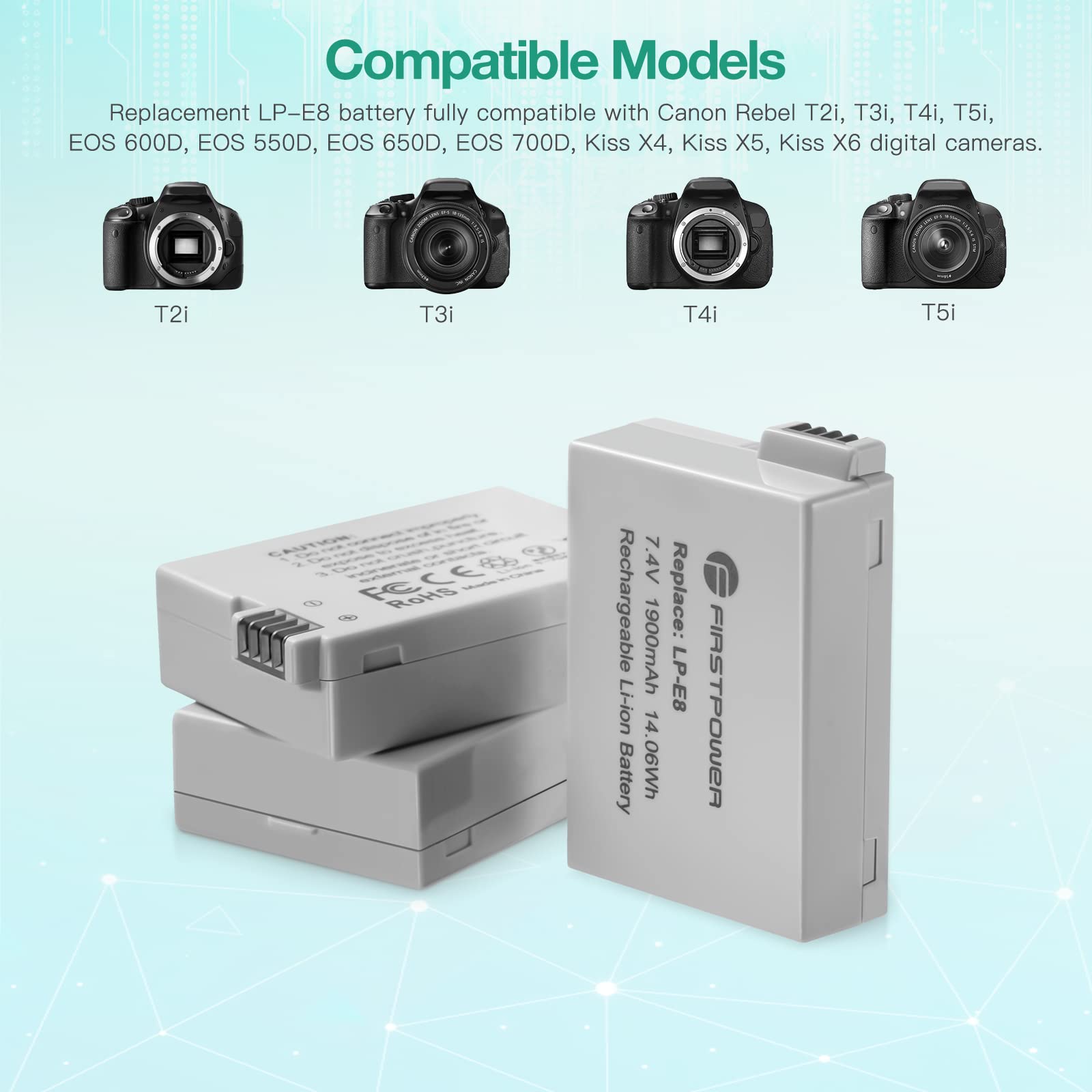 FirstPower LP-E8 Battery 3-Pack with Triple Slot Charger for Canon EOS Rebel T2i, T3i, T4i, T5i - Black