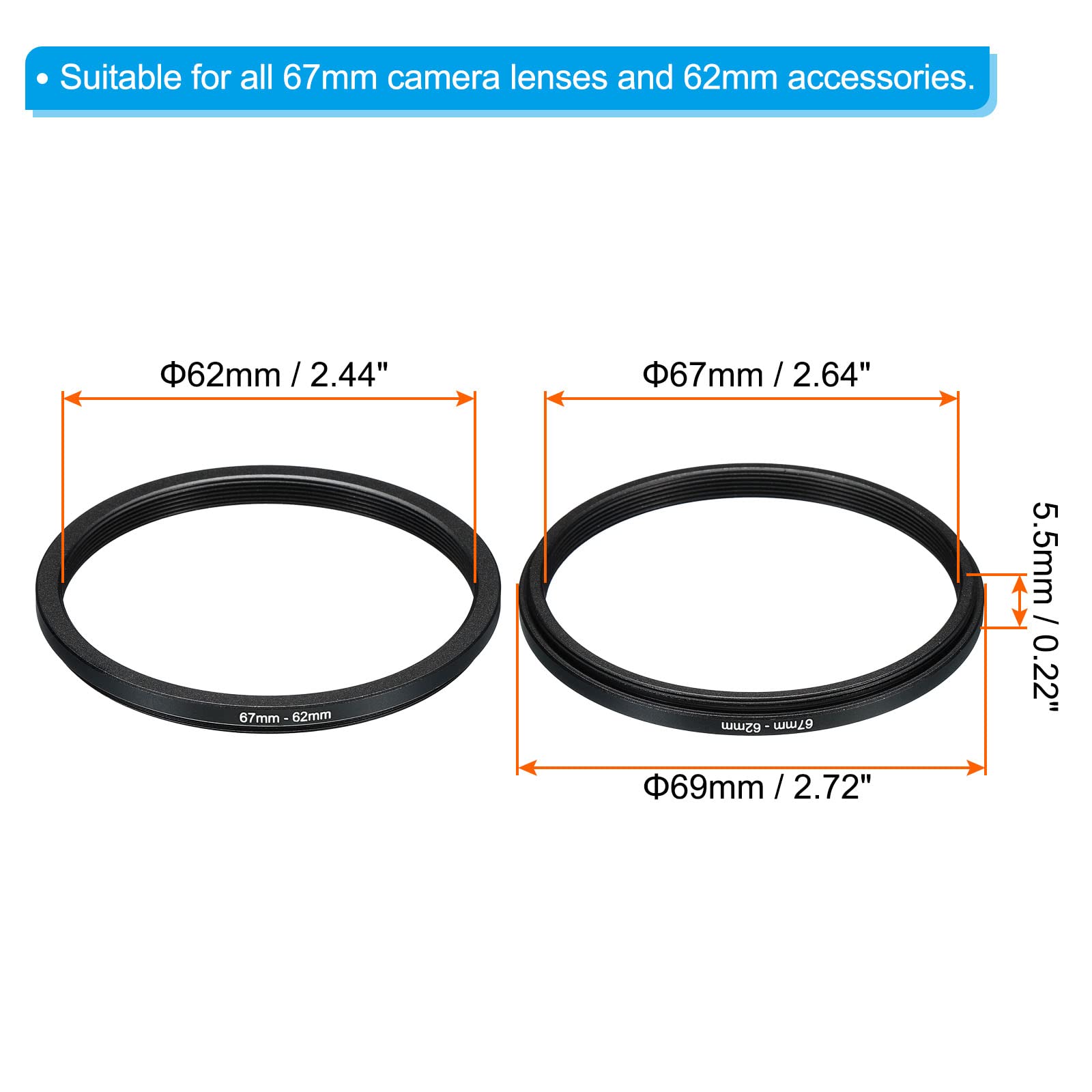 Patikil 67Mm 62Mm Metal Step Down Ring, Camera Lens Filter Adapter Ring Aluminum Filter Adapter Ring For Camera Lenses Hood, Bla