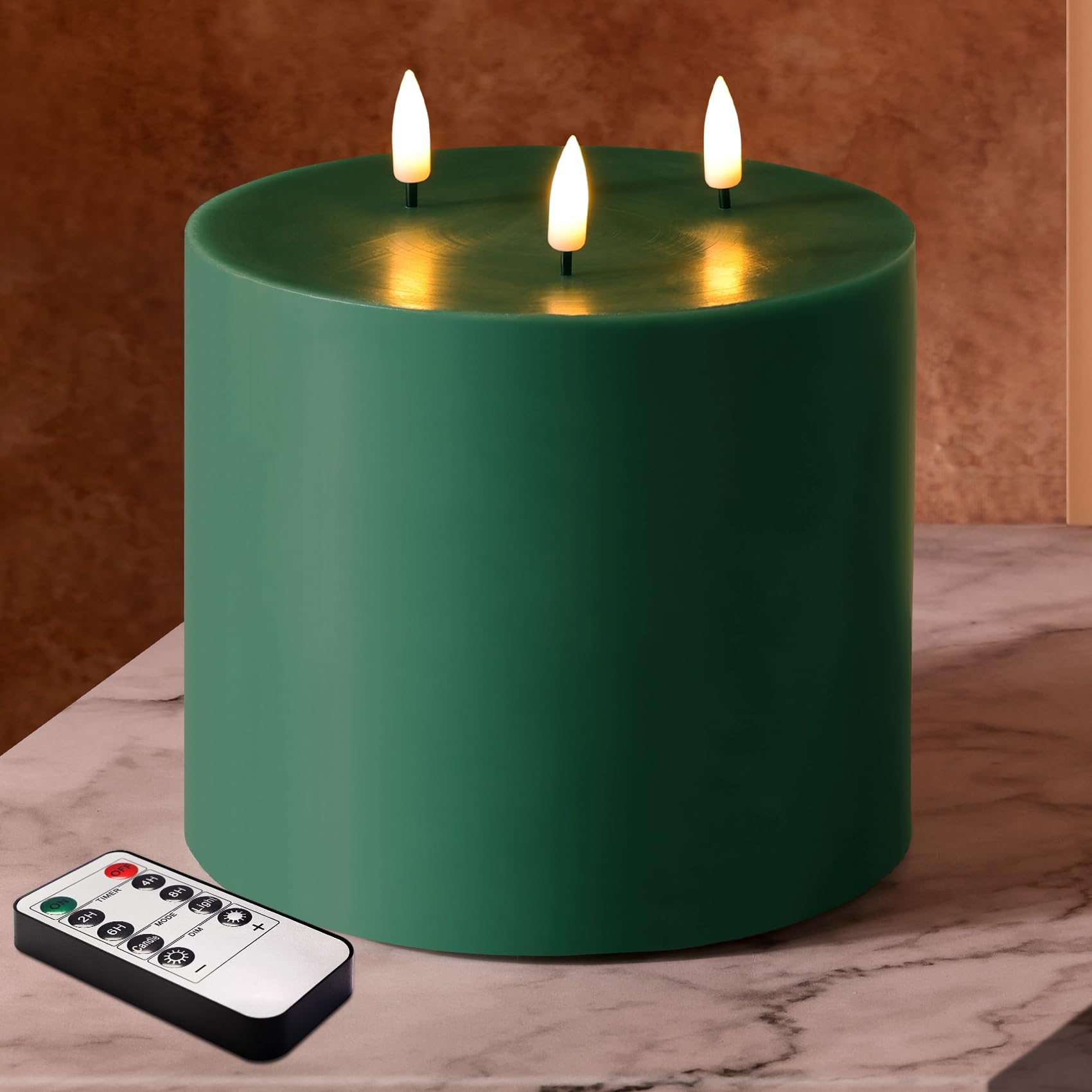 Girimax Green 3 Wick Flameless Candle with Remote, 6x6 inch Large LED Pillar Candle Battery Operated Real Wax Flickering Home Sh
