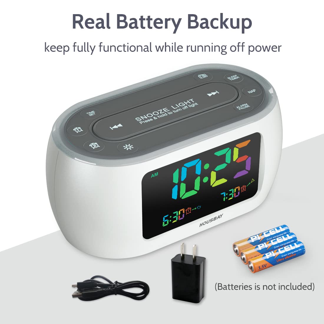 Housbay Glow Small Colorful Alarm Clock Radio With Rainbow Digit, 7 Color Night Light With On/Off Options, Dual Alarm, Dimmer, F