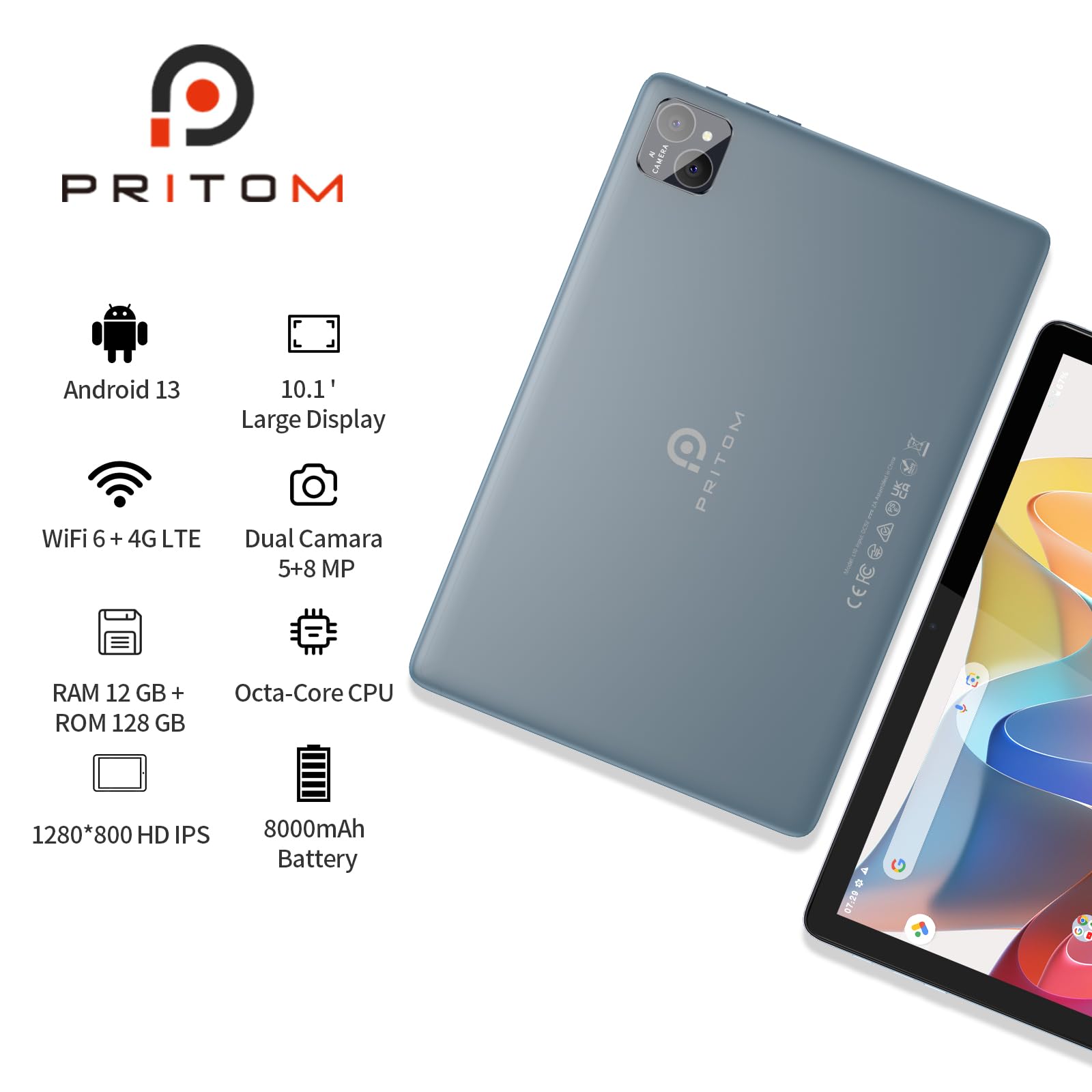 Pritom Tab12 10 Inch Phone Tablet Android 13, 5Ghz Wifi, Octa Core, 12Gb Ram(6Gb Expend), 128Gb Rom, 4G Network Tablet With Sim