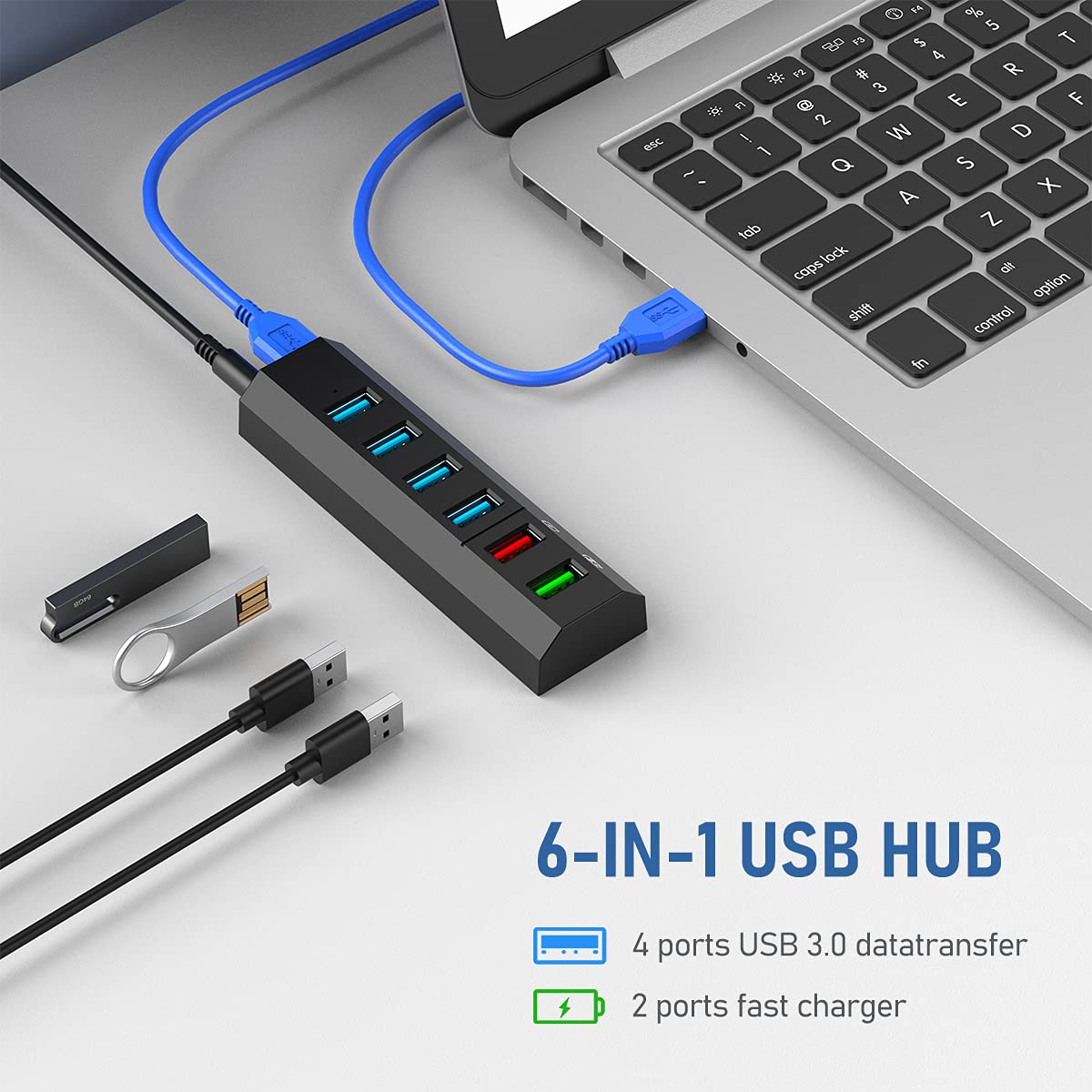 Powered Usb Hub, Aiibe 8 Port Usb Hub 3.0 Powered Usb Splitter With 2 Fast Charging Ports + 12V/3A Power Adapter + Usb 3.0 Cable, Usb Hub Powered 36W Adapter For Laptop, Mac, Pc, Mobile Hdd (Black)