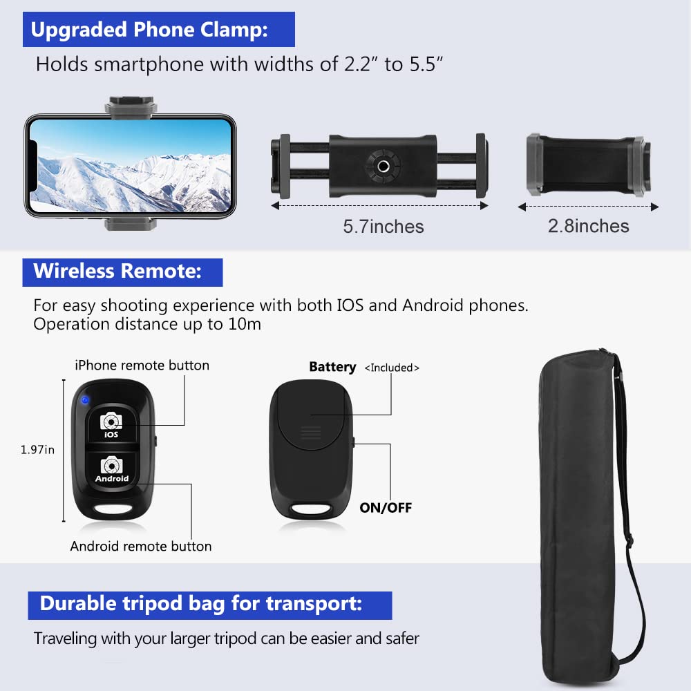 Aureday 74�� Camera Tripod With Travel Bag,Cell Phone Tripod With Wireless Remote And Phone Holder, Compatible With Dslr Cameras,Cell Phones,Projector,Webcam,Spotting Scopes(Black)