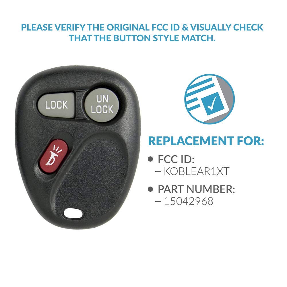 Keyless2Go Replacement For Keyless Entry Car Key Fob Vehicles That Use 3 Button Koblear1Xt 15042968 Remote, Self Programming   2