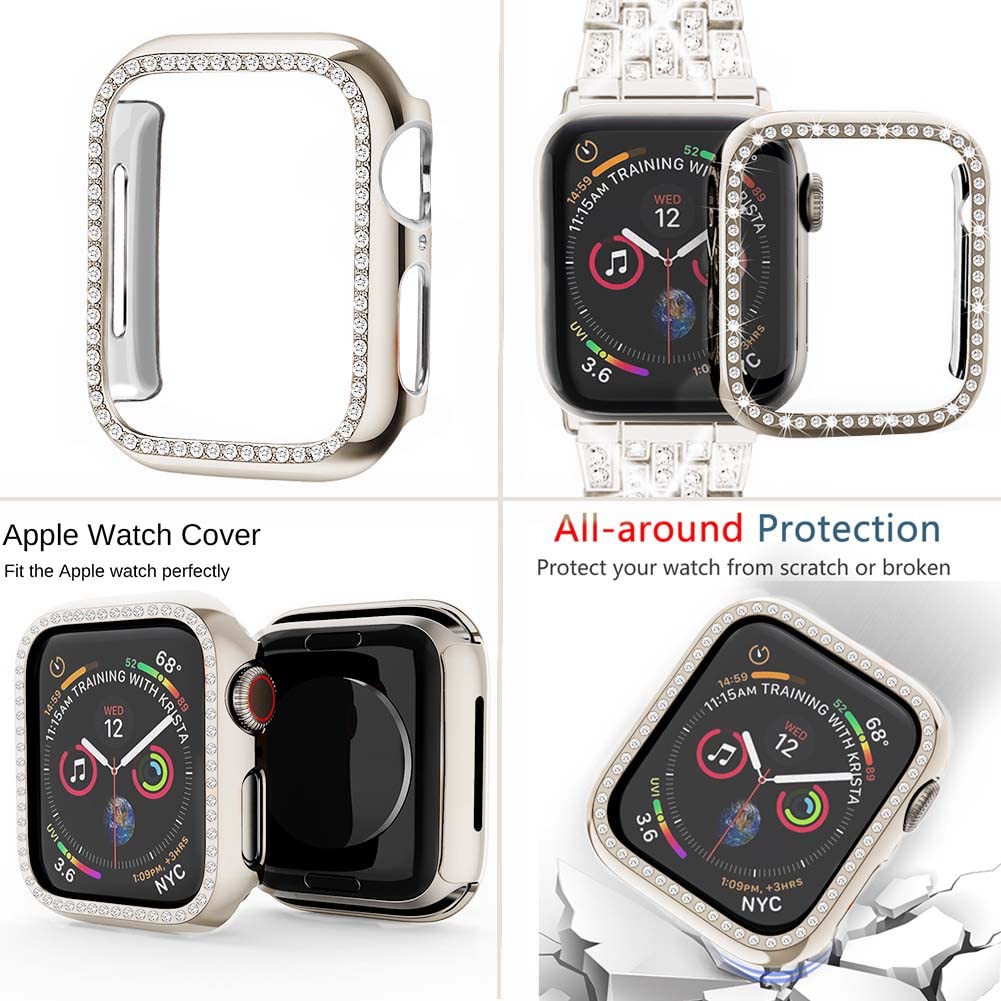 Supoix Compatible With Apple Watch Band 45Mm + Case, Women Jewelry Bling Diamond Rhinestone Replacement Metal Strap &Soft Tpu Pr