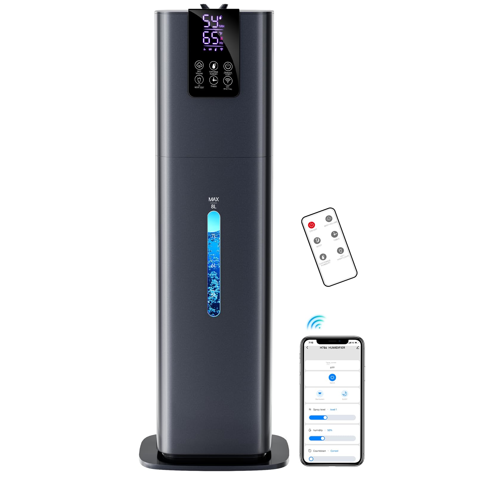 Smart Humidifiers Large Room Bedroom Home, 2.11Gal(8L) Quiet Top Fill Cool Mist Humidifier, Smart App & Remote Control, 3 Speed 