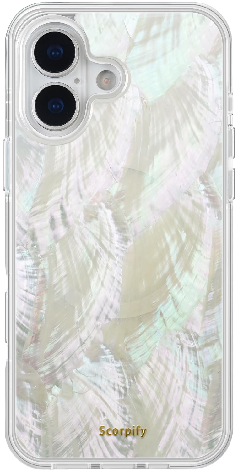 SCORPIFY for iPhone 16 Case [Compatible with MagSafe] with Genuine Natural Mother of Pearl Design and Seashell Pattern, Cute Cle