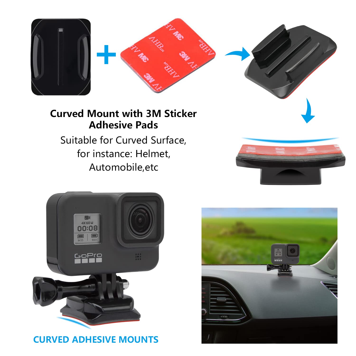 Haoyou Curved Adhesive Helmet Mount Compatible With Gopro Hero 13,12,11,10, 9, 8, 7, 6, 5, 4, 3+, 3 Cameras (6Pcs)