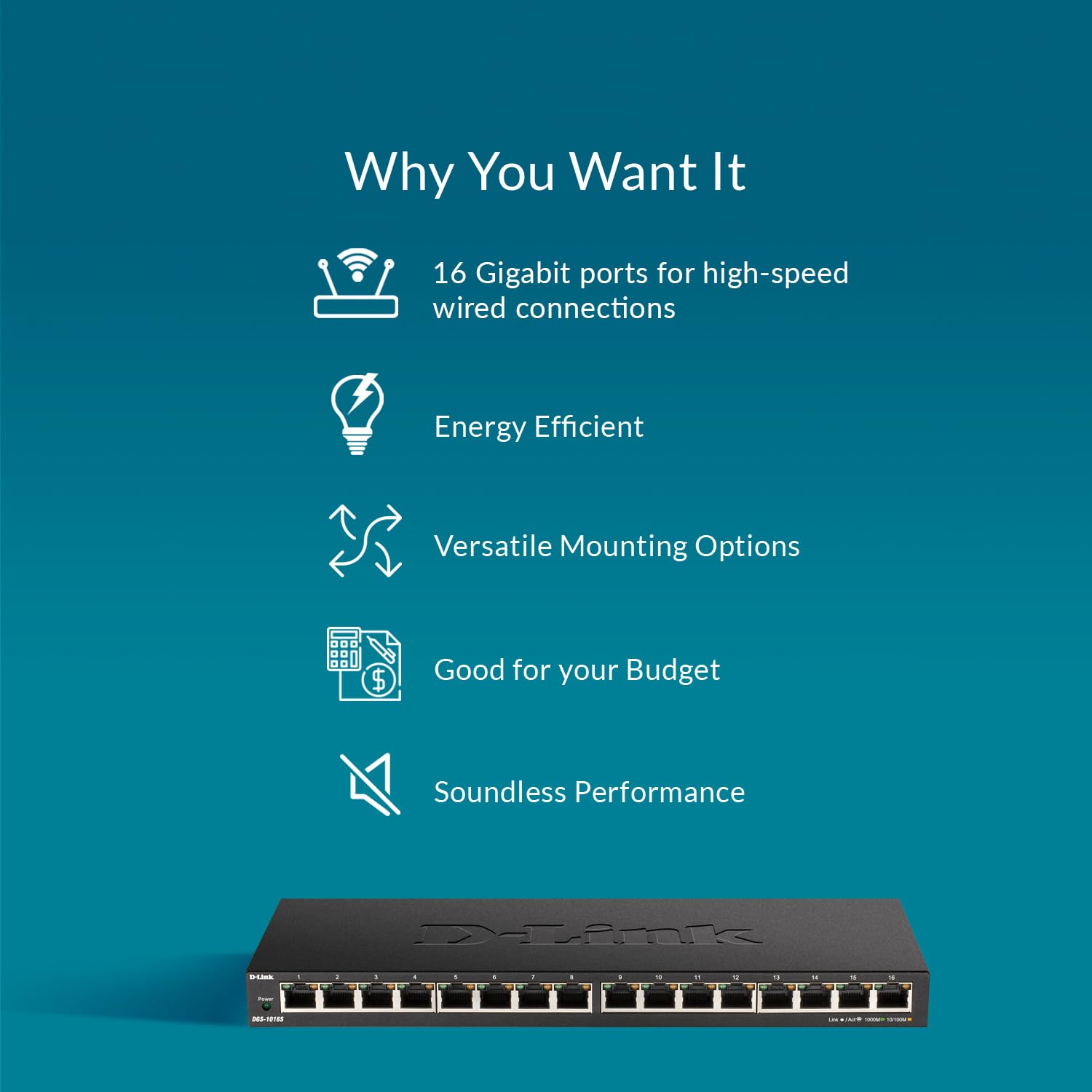 D-Link Ethernet Switch, 16 Port Gigabit Slim Switch Plug And Play, Unmanaged, Metal Housing, Quiet Fanless Design, Ieee 802.3Az