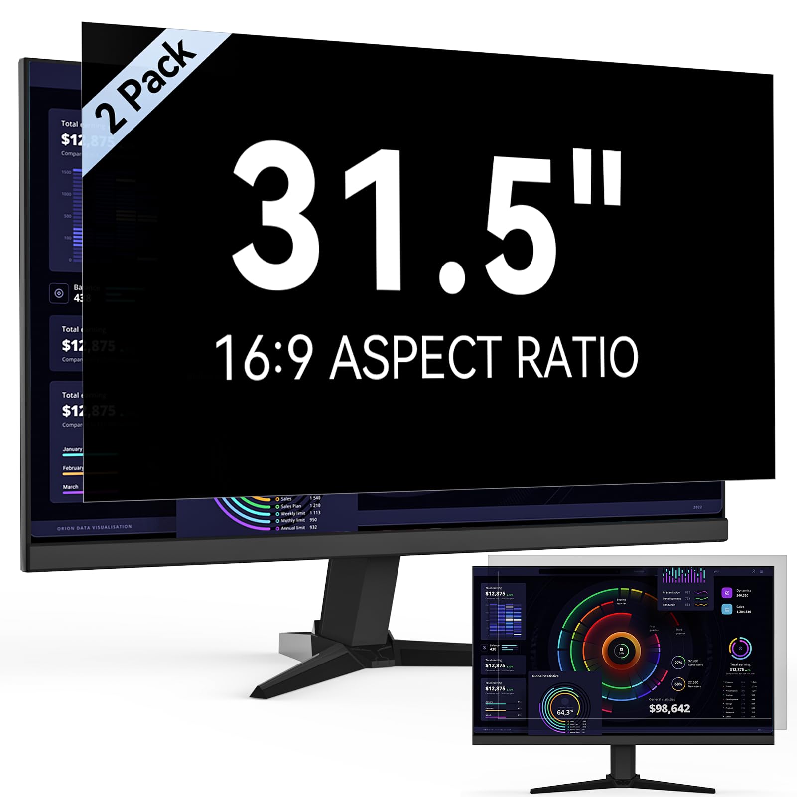 [2 Pack] 31.5 Inch Computer Privacy Screen Filter For 16:9 Widescreen Monitor, Removable Eye Protection Anti Glare Blue Light Fi