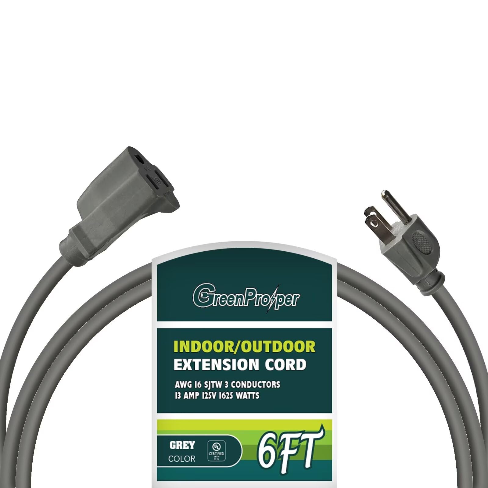 Greenprosper 6 Ft Indoor Outdoor Grey Extension Cord, 16 Gauge Waterproof Electrical Power Cable, 16/3 Sjtw 3 Prong Grounded Plu