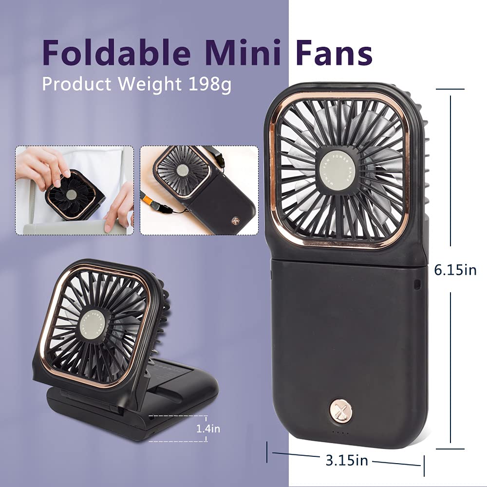 FADACHY Portable Mini Fan - 5-in-1 Battery Operated Handheld & Desk Fan, Power Bank, Phone Holder, USB Rechargeable, 3000 mAh, Black