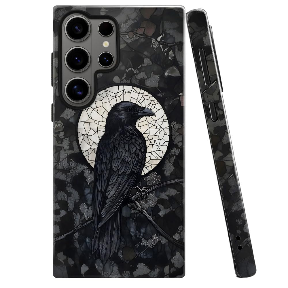 Case for Samsung Galaxy S26 Ultra,Black Crow Raven Moon Celestial Gothic Phone Case Military-Grade Drop Protection Cover for Wom