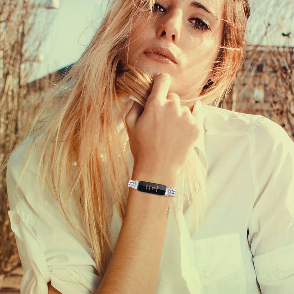 Fitturn Compatible With Fitbit Inspire 3 Smart Watch Band For Women Men Replacement Quick Release Rhinestone Metal Bling Bracele