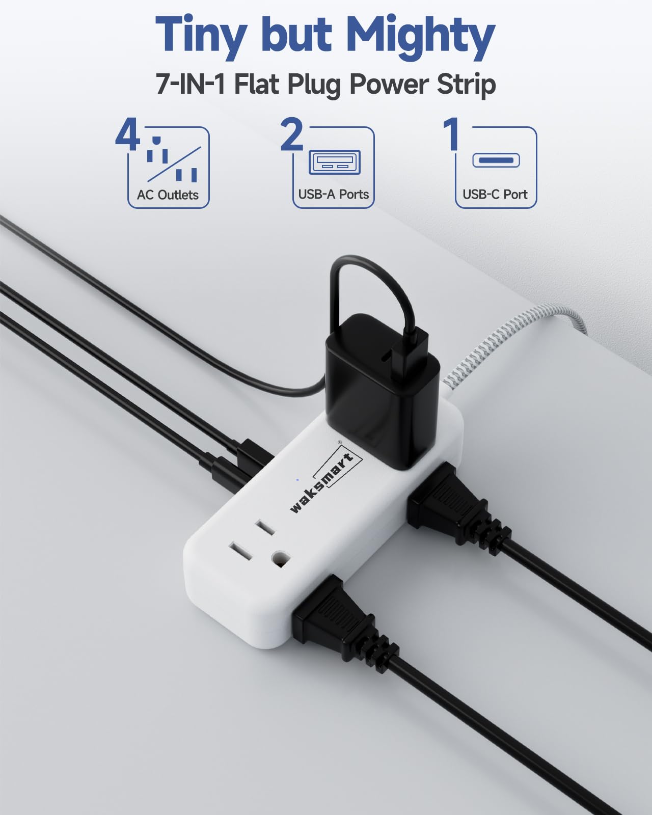 Waksmart Flat Plug Extension Cord Power Strip 4 AC Outlets 3 USB Ports 15ft Braided White
