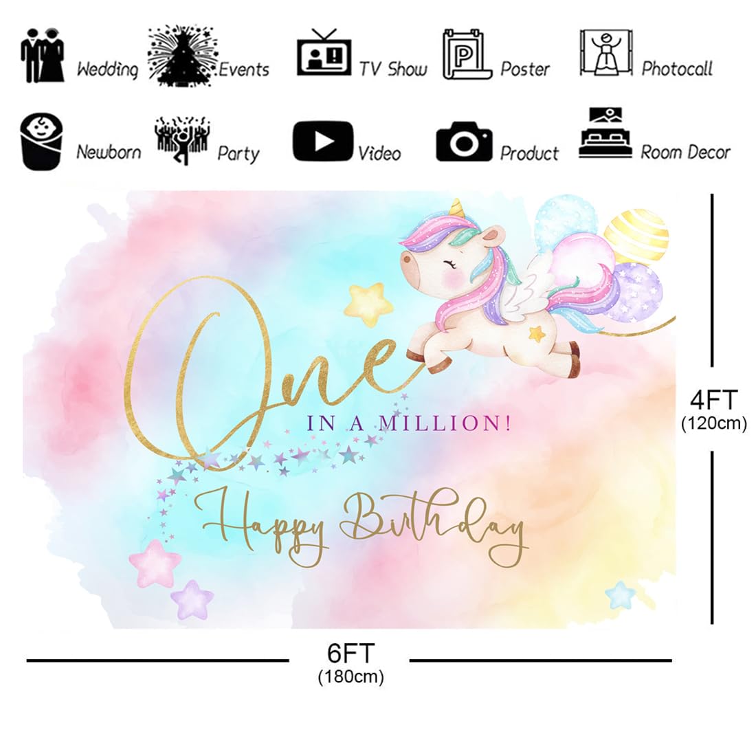 6X4Ft Pink Dreamlike Unicorn 1St Birthday Backdrop One In A Million Background For Girl Kids One Year Old Bday Photography Rainb