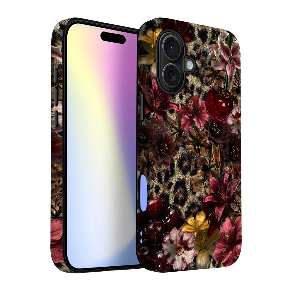 Yuzbira for iPhone 17 Case | Lily Leopard Print Cherry | Slim Drop Protection Design