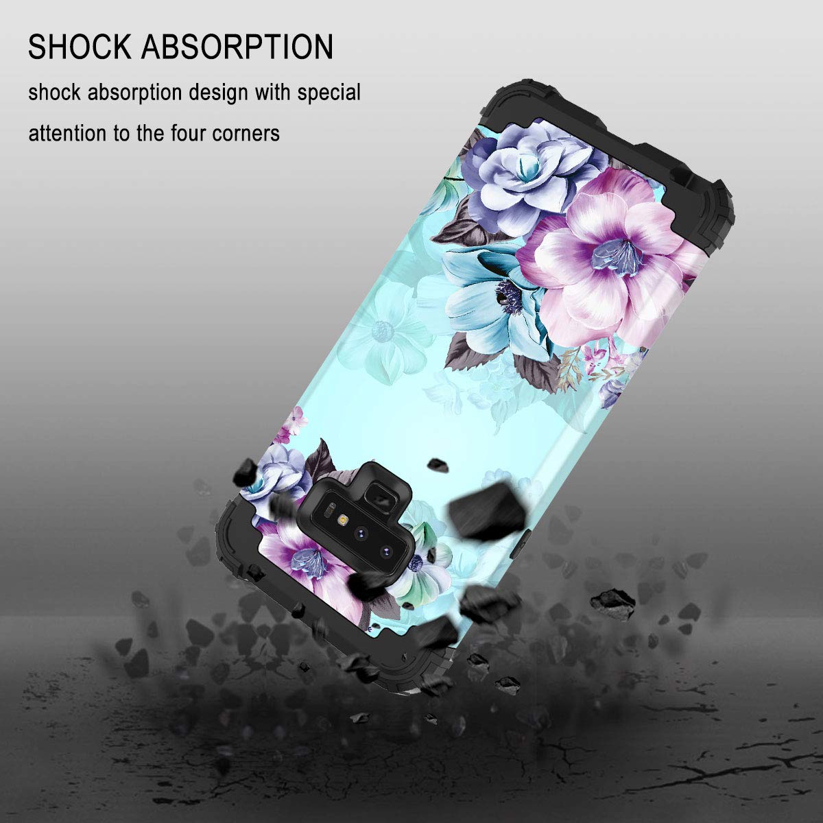 Casetego Compatible With Galaxy Note 9 Case,Floral Three Layer Heavy Duty Sturdy Shockproof Full Body Protective Case For Samsung Galaxy Note 9,Blue Flower