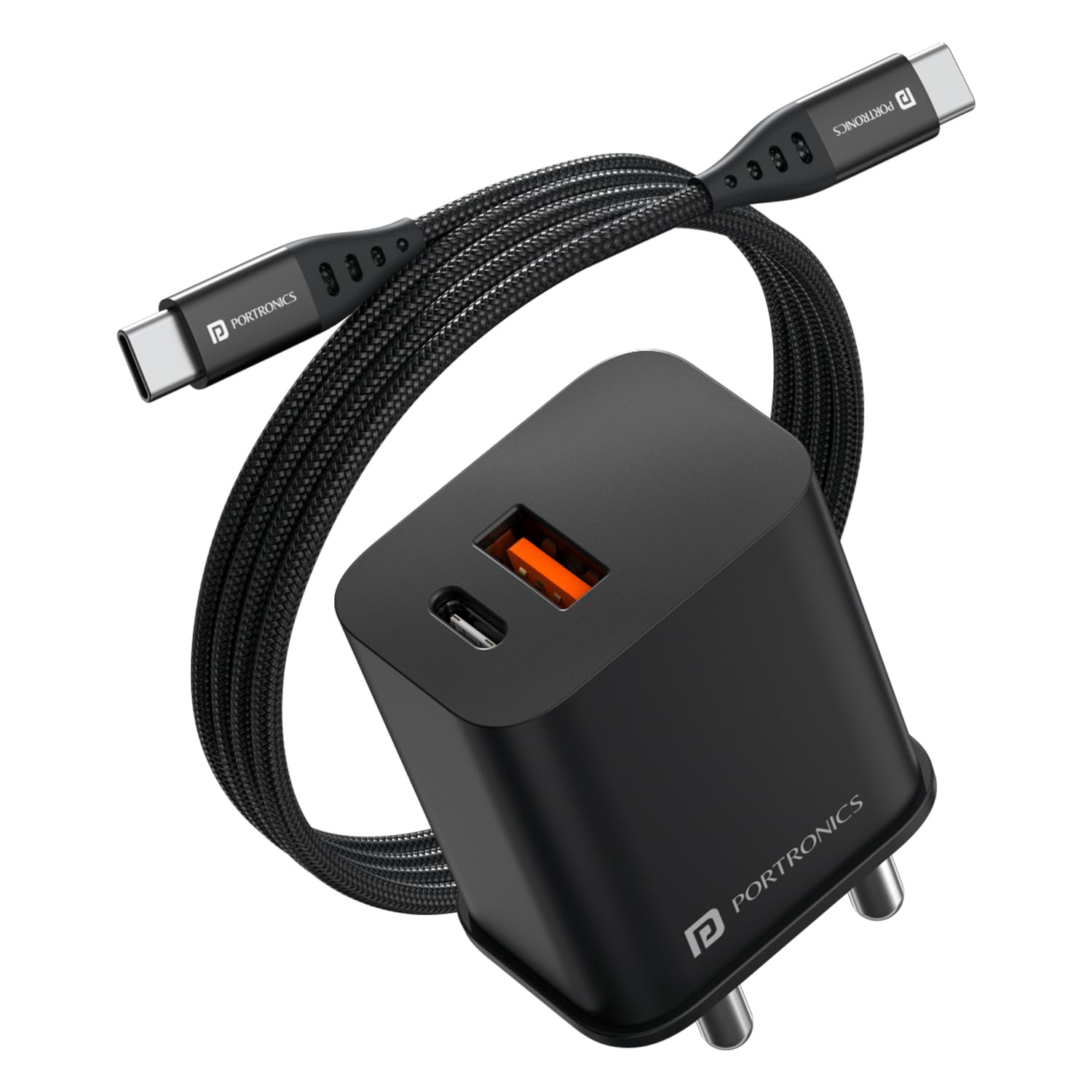 Portronics 20W Adapto 20B Dual Port (Type C PD & USBA) Fast Charging Adaptor with Type C to Type C Cable, Smart Protection Chip