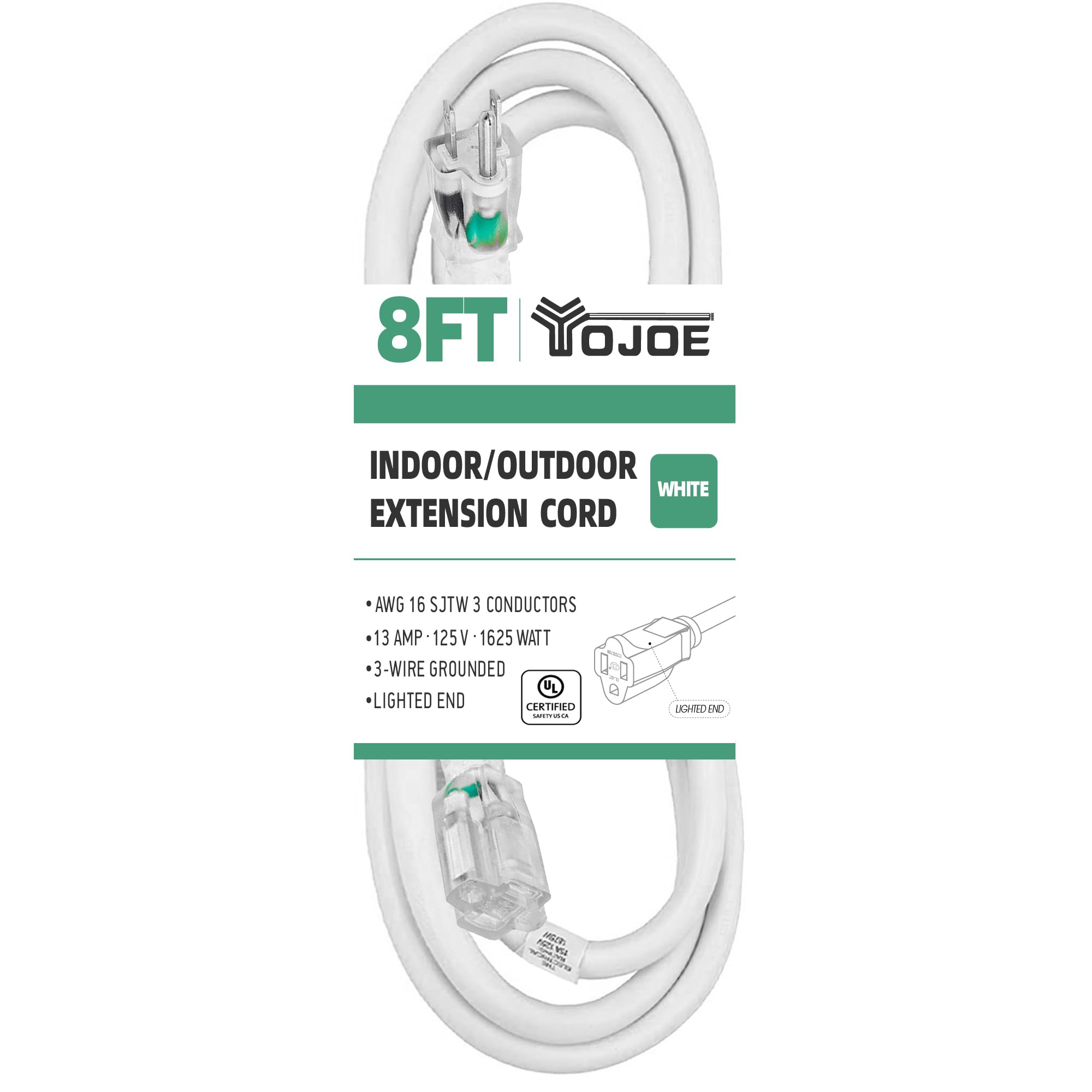 Yojoe Indoor Outdoor Extension Cord With Lighted End, 3 Prong 13A Weatherproof Power Extension Cord, 16 Gauge Heavy Duty 8 Ft Wh