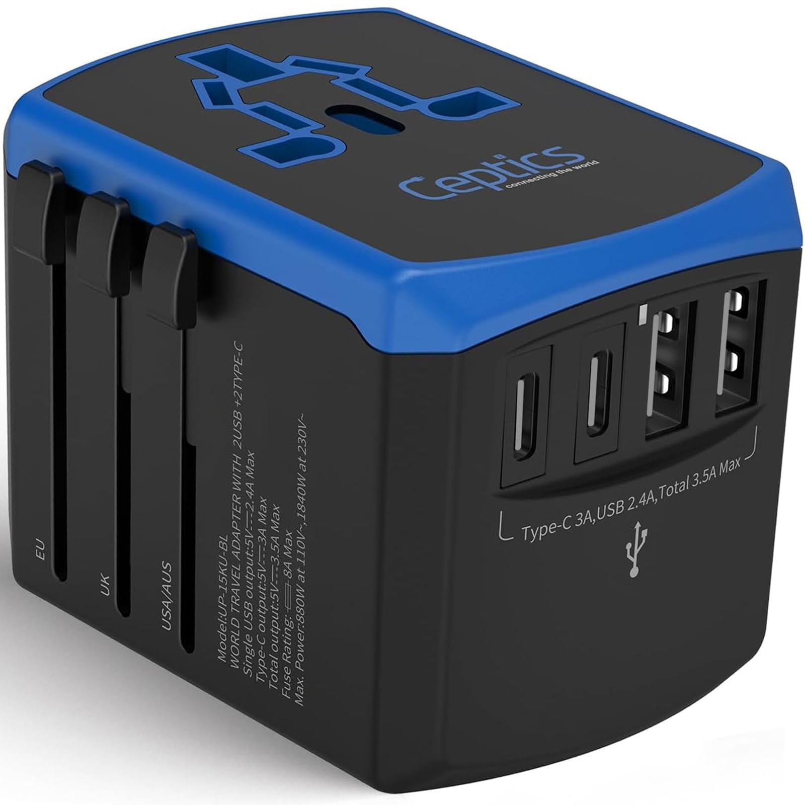 Ceptics Universal Travel Adapter, 5 In 1 Universal Laptop Charger With 2X Usb A & Usb C 3.5A For Mobiles, Laptops, Cameras Us, U