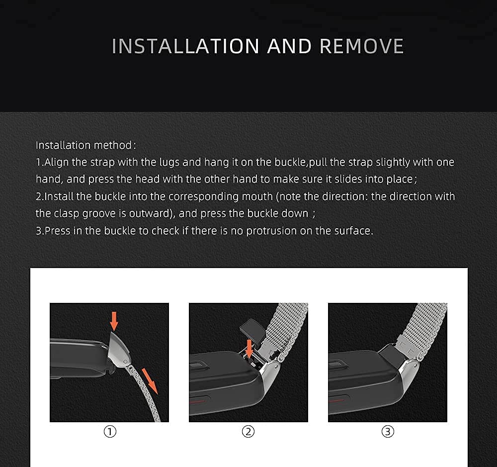 3Chome Strap For Honor Band 6 Smart Wristband, Stainless Steel Bands Wrist Watch Replacement Bracelet (Black)